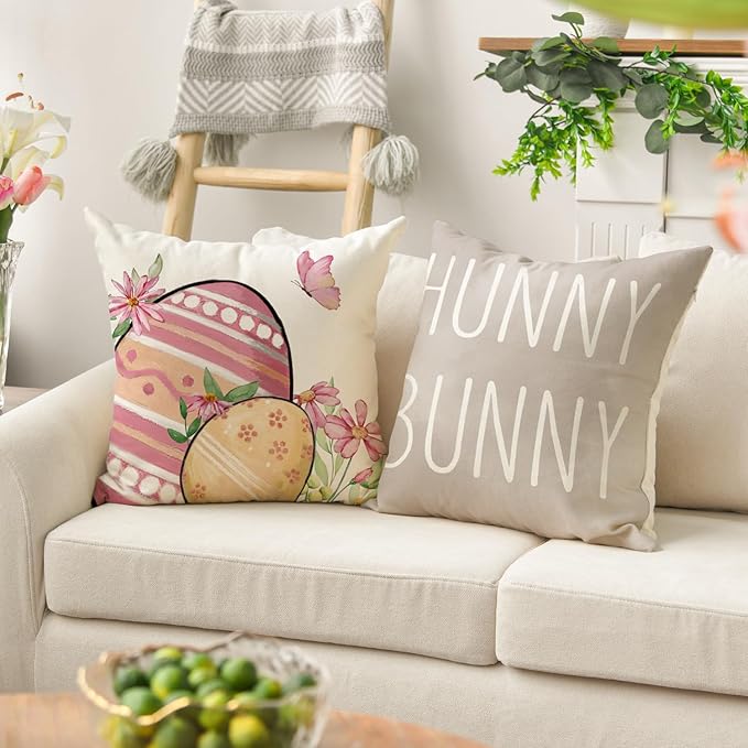 AVOIN colorlife Happy Easter Hunny Bunny Grey Throw Pillow Covers, 18 x 18 Inch Easter Eggs Bunny Spring Cushion Case for Sofa Couch Set of 4