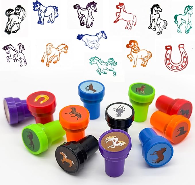Cinrobiye 24 Pcs Horse Party Favors Stampers for Boys Girls，Pre-Inked Western Pony Stamp Set for Birthday Party Supplies Cowboy Themed Goody Bag Fillers Classroom Rewards Pinata Prizes DIY Crafts