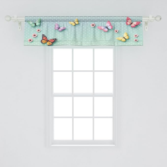 Ambesonne Butterfly Window Valance, Polka Dot Backdrop with Wings of Spring and Blushy Sakura Flowers, Curtain Valance for Kitchen Bedroom Decor with Rod Pocket, 42" x 12", Mint Green and Multicolor