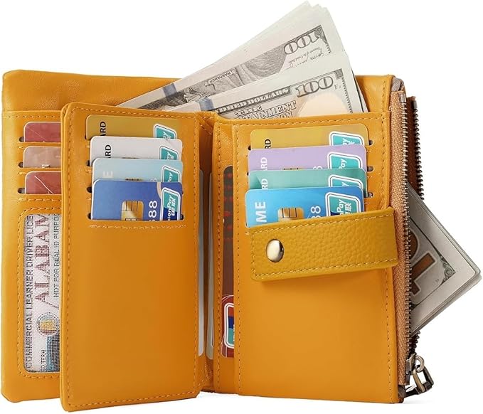 Practical Genuine Leather Wristlet Wallet for Women with Double Zipper Coin Purse and Card Organization (yellow)