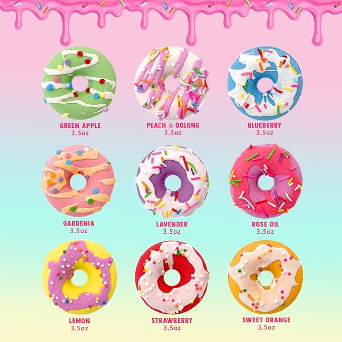 Donut Bath Bombs for Kids Girls, Natural and Safe Kids Bath Bombs with Bracelets Inside for Birthday, Calming and Long-Lasting Scent