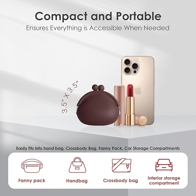 Coin Purse for Women – Silicone Small Coin Pouch with Kiss Lock for Coins, Keys, Lipstick, and Earphones – Mini Cute Change Purse, Coin Purse & Pouch for Daily Life, Cars, Travel, Party (Coffee)