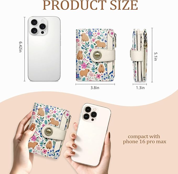 Cute Capybara Wallet Women Small RFID Blocking Bifold, Credit Card Holder, Zipper Coin Pocket, PU Leather, Compact, Travel, 4 ID Window, 14 Card Slots, Cash Purse, Ladies Woman Female Girls