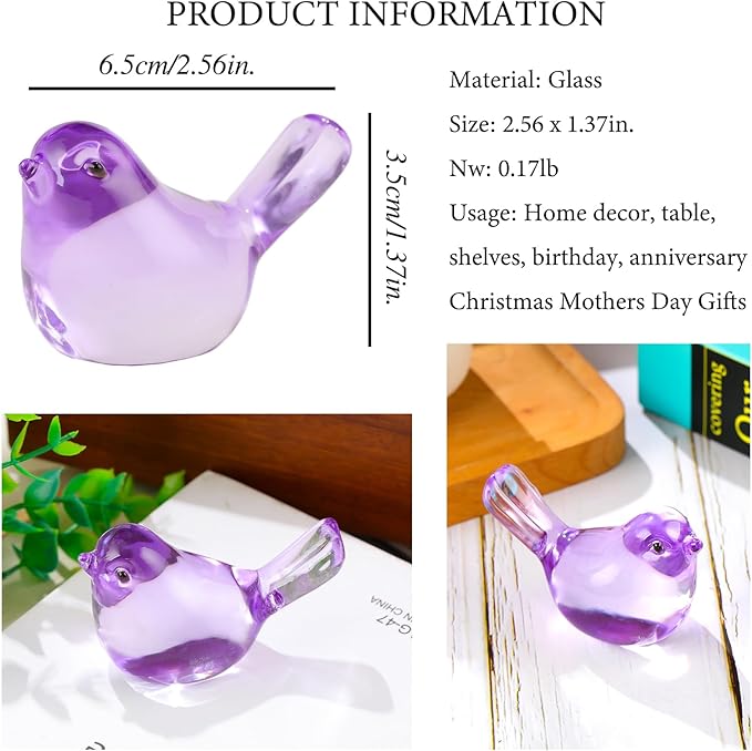 Ornalrist Crystal Purple Birds Figurines Home Decor, Glass Art Birds Collectible Figurines Paperweights Crystal Decor Gifts for Women Mom Friends (Purple)