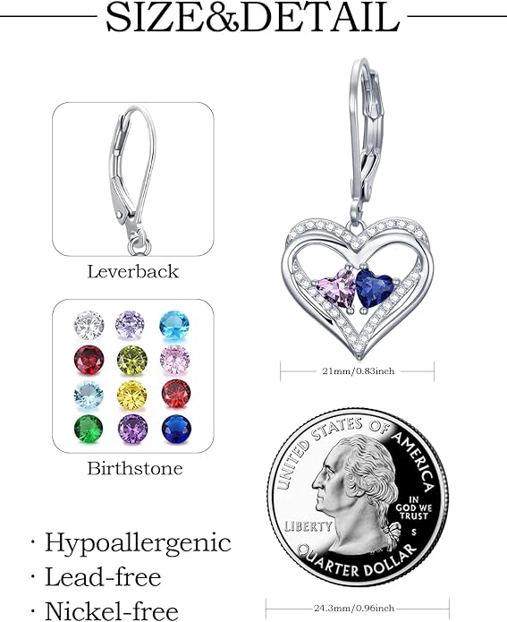 Heart Leverback Earrings Double Birthstone Dangle Earrings for Women, Love Jewelry for Her, Christmas Gifts for Women, Anniversary Birthday Gift for Mom Wife Girlfriend