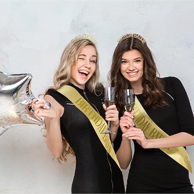 Canitor Birthday Baddie Sash Crown Set Birthday Gifts Party Favors Supplies Decorations & Accessories for Women Girl Adult Outfits Rhinestone Tiara Headband Soft Satin Sash