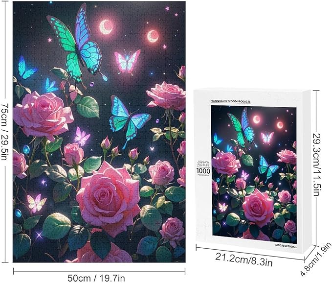 Wooden Puzzles 1000 Piece，Butterfly and Rose Themed Jigsaw Puzzles，Family Puzzles，Unique Gifts for Wall Art，Funny Puzzles，Stress Relief Games，Puzzle Games