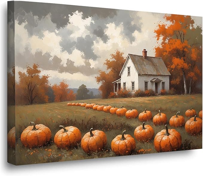 Autumn Pumpkin Patch Print Country Farm Natural Scenery Decorative Painting Suitable for Home Decor Bathroom Bedroom Living Room Decoration28x40in(70x100cm)- Framed