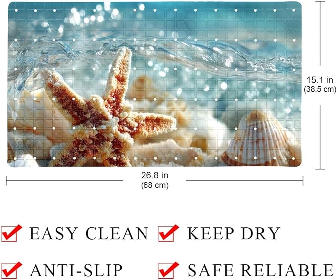 Bathtub Mats for Shower Tub, Starfish and Seashells in Blue Sea Water Ocean Background Anti-Slip Bath Mats for Inside Tub, Bathroom Shower Mats with Drain Holes and Suction Cups
