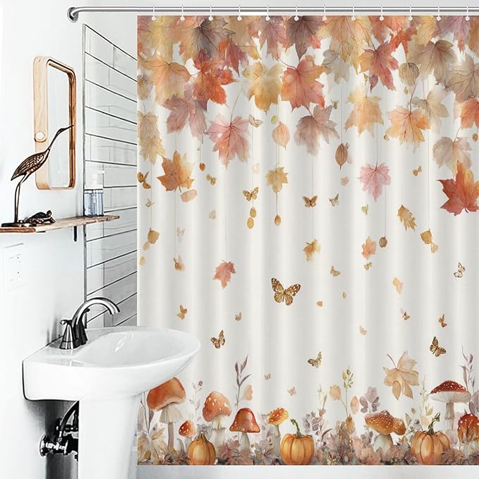 Fall Pumpkin Shower Curtain Autumn Maple Leaves Thanksgiving Harvest Waterproof Washable Fabric Bathroom Shower Curtains for Bathroom Decorations Home Indoor Decor 53x72Inch