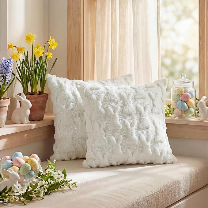 AVOIN colorlife Easter Rabbits Cream White Throw Pillow Covers, 18 x 18 Inch Bunny Soft Plush Faux Fur Jacquard Cushion Case Decoration for Sofa Couch Set of 2