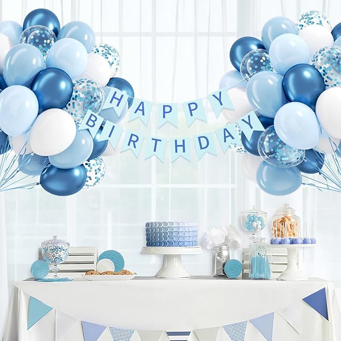 60pcs Blue and White Balloons 12inch with Pastel Pearl Light Blue Confetti White Balloons for Bridal Baby Shower Wedding Birthday Party Decorations