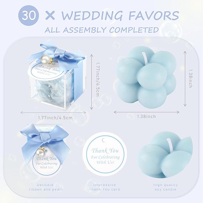 ACITHGL 30 Sets Fully Assembled Small Bubble Candle Party Favors for Guests Bulk Bridal Showers Favors Candles with Stylish Ribbons Thank You Cards Gifts (Blue)