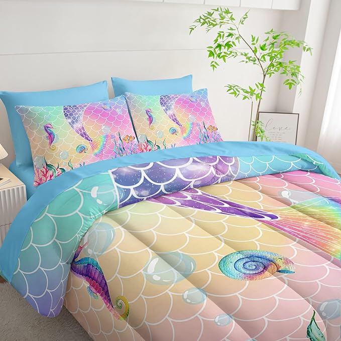7Pcs Mermaid Tail Comforter Set Pink Scales Printed Bedding Set with 1 Comforter, 1 Flat Sheet, 1 Fitted Sheet and 4 Pillowcases for Boys and Girls Bedroom All Season(Queen)