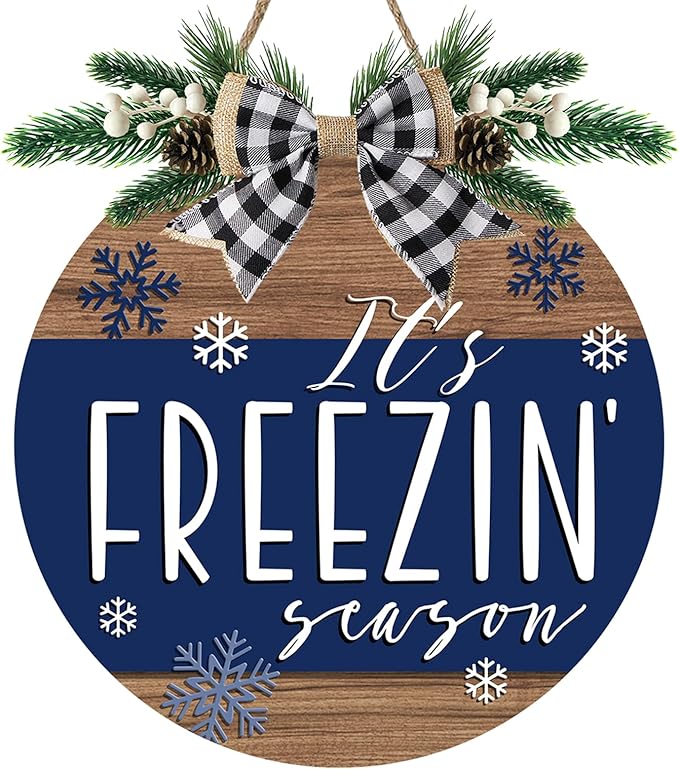 Deroro Winter It's Freezin' Season Blue Front Door Sign, Farmhouse Snowflake Wood Hanger Outdoor Outside Porch Decor, Rustic Christmas Wooden Wreath Indoor Wall Hanging Decoration with Plaid Bow