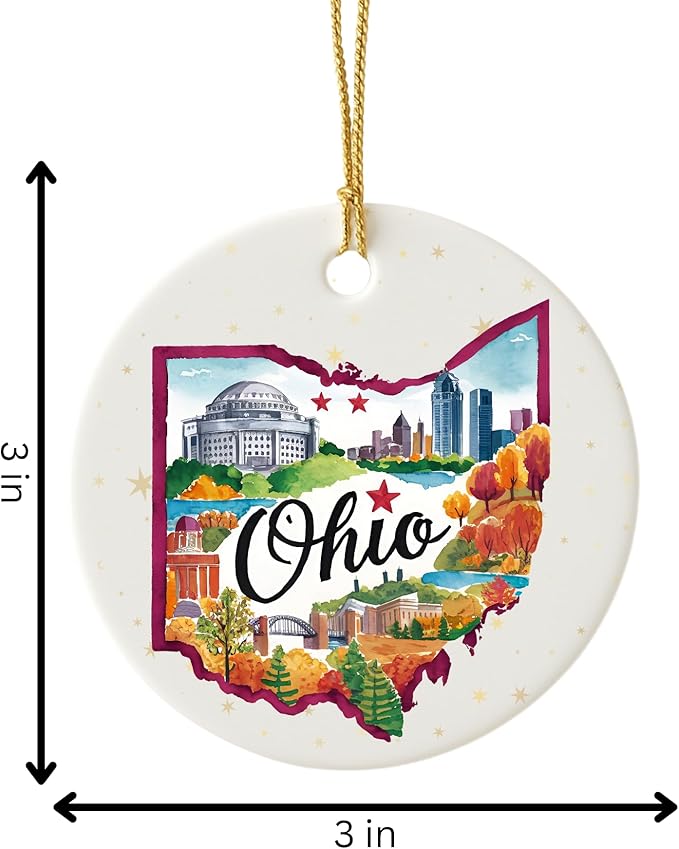 USA State Landmark Ceramic Ornament – Round Glossy Christmas Decoration Featuring U.S. State Art, Landmarks & Holiday Scenery – Collectible Travel Souvenir Ornament Series (Ohio)