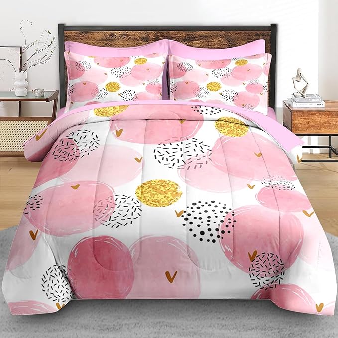 Comforter Set King Size, Polka Dot Pink 7 Pcs Bedding for Kids and Adults, Watercolor Spots Circles Bed Sheet Sets with Fitted Sheet 2 Pillowcases & 2 Shams for Bedroom Bed Decor