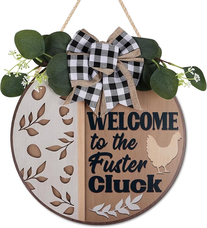 CHDITB Funny Chicken Wooden Sign, Rustic Farmhouse Wall Art Plaque, Chicken Coop Barnyard Hanging, Hen House Coop Round Sign,Welcome To The Fuster Cluck Door Hanger For Porch Outdoor Country Home Decor