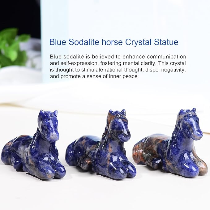 2.2 Inch Blue Sodalite Horse Crystal Figurines, Hand-Carved Healing Crystals Decor, White Horse Statues Stone Energy Gemstones, in Bedroom Office Meditation Horse Memorial Gifts for Men and Women