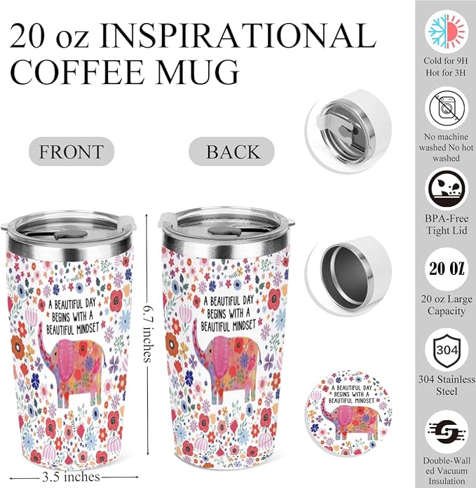 Elephant Decor Stuff Flower Gift, 20 oz Insulated Tumbler, Tumbler with Lid, Vacuum Travel Coffee Mug Stainless Steel Cup for Cold Hot Drink Elephant Gifts for Women Friend Christmas Birthday