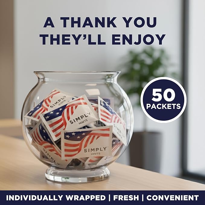 SIMPLY Peppermint "US FLAG" Individually Wrapped Breath Mints in Bulk, 50 Packets (2 per Packet) | Perfect for Office, School, Travel, Party Favors, Restaurants & Hospitality, Fourth of July