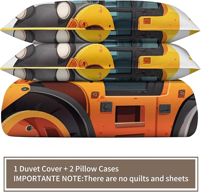 Construction Vehicle Duvet Cover California King Cartoon Road Roller Bedding Set Engineering Truck Comforter Set Construction-Themed Duvet Cover with Zipper Ties for Bedroom