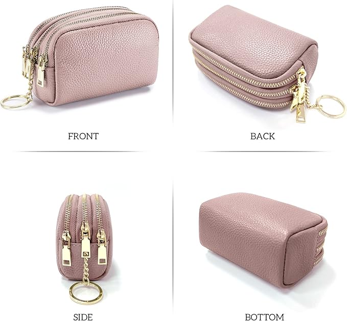 LINNO 3 Zippered Genuine Leather Coin Purse Triple Capacity Change Pouch Little Travel Wallet With Key Ring for Women