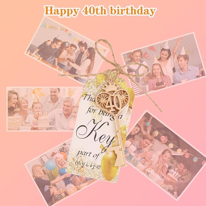 24 Sets 40 Birthday Party Favors Key Bottle Opener, 40th Beer Opener Keychain Favors for Guest with Organza Bags and Tags,Beer Keychain Bottle Openers for Birthday Party Decoration Supplies (Gold-40)