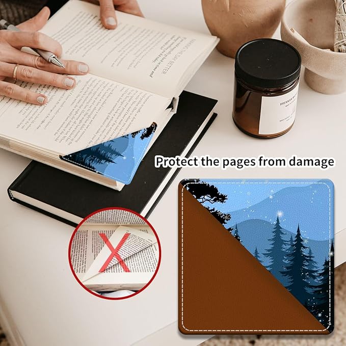 Cute Leather Bookmarks, Fun Triangle Making Corner Bookmark, Book Accessories for Reading Book Lovers, Unbreakable Page Markers for Women Men Cute Snowy Forest
