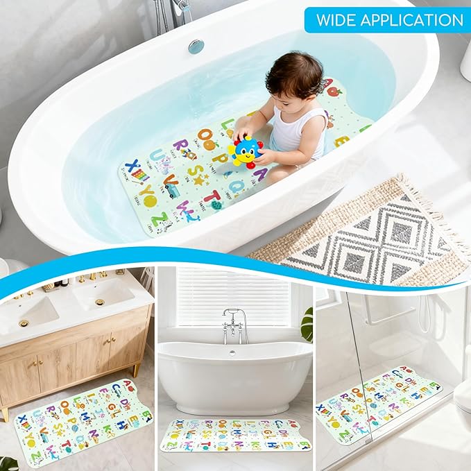 Baby Bath Mat for Tub, Non Slip Kids Bath Shower Mat, 40 X 16 Inch Large Bathtub Mat with Drain Holes and Suction Cups for Toddlers, Machine Washable and Waterproof (Alphabet)