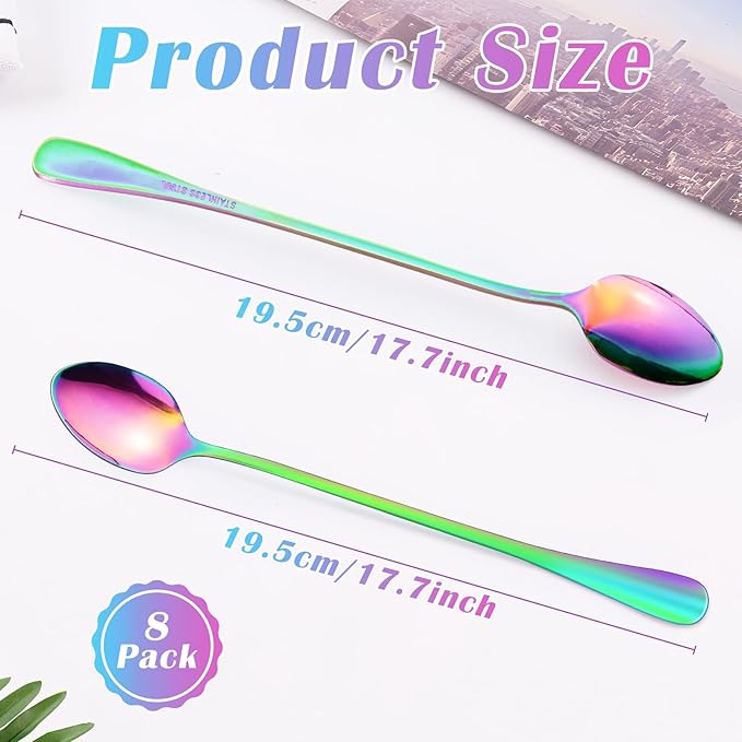 8 Pcs Long Handle Spoons,Satainless Steel Tea Spoons,Ice Cream Spoon,Long Coffee Spoon for Mixing Cocktail Stirring Tea Cold Drink Milkshake Dessert (Colorful)
