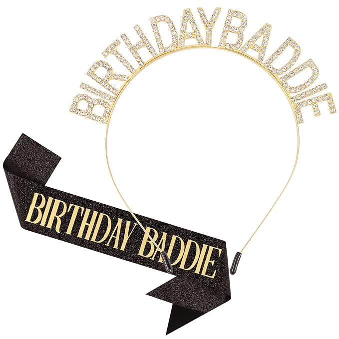 Canitor Birthday Baddie Sash Crown Set Birthday Gifts Party Favors Supplies Decorations & Accessories for Women Girl Adult Dress Outfits Rhinestone Tiara Headband Soft Satin Sash