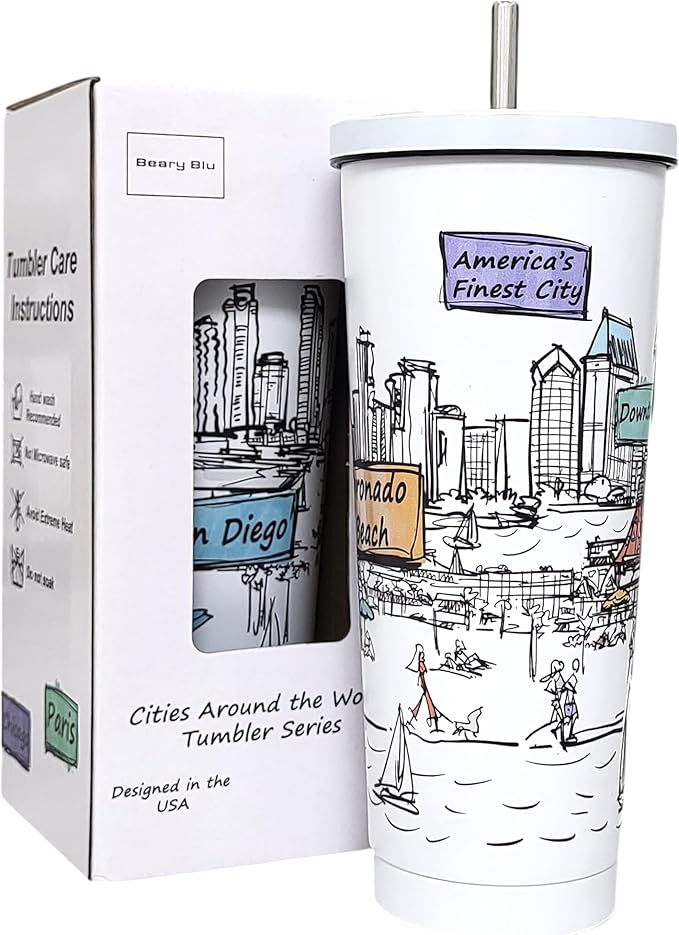 Cities Around the World 25 Oz Tumbler Series- Designed in the USA- Vacuum Insulated Tumbler with Lids Straw - Stainless Steel Coffee Water Travel Mug, Cup for Hot Cold Drink (San Diego)