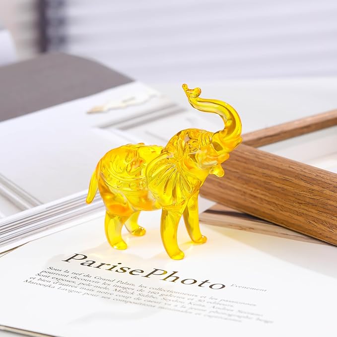 Crystal Elephant Figurines Gifts for Women Men, Crystal Animals Collectible StatueTabletop Decoration Elephant Sculpture with Trunk Up Ornaments (Yellow)