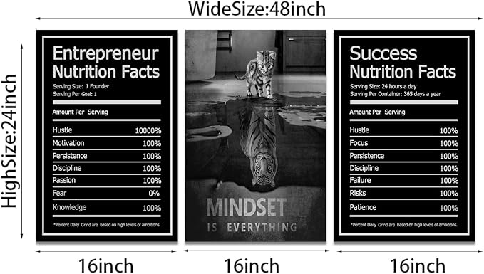Mindset is Everything Wall Art Motivational Canvas Painting Wall Art Poster Prints Entrepreneur Bundle Set 3 Pieces Success Nutrition Facts (48" W x 24" H, Mindset)