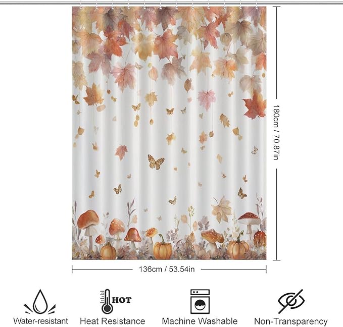 Fall Pumpkin Shower Curtain Autumn Maple Leaves Thanksgiving Harvest Waterproof Washable Fabric Bathroom Shower Curtains for Bathroom Decorations Home Indoor Decor 53x72Inch