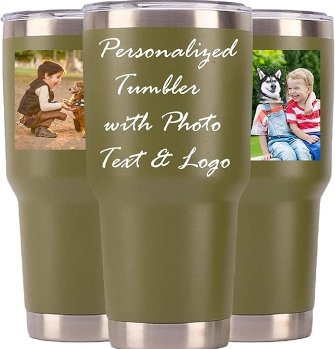 Personalized Photo 20oz 30oz Stainless Steel Tumbler,Custom Coffee Tumbler Cup With Lid And Strawstraw Vacuum Insulated With Text Photo Logo (ArmyGreen(20oz/30oz))