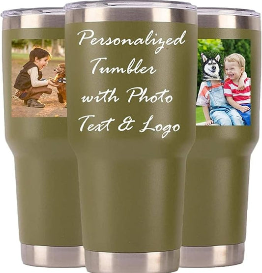 Personalized Photo 20oz 30oz Stainless Steel Tumbler,Custom Coffee Tumbler Cup With Lid And Strawstraw Vacuum Insulated With Text Photo Logo (ArmyGreen(20oz/30oz))