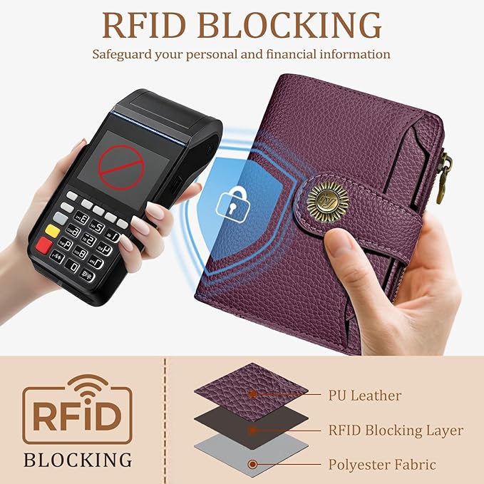 Small Wallet Women RFID Blocking Bifold, Credit Card Holder, Zipper Coin Pocket, PU Leather, Compact Travel, 4 ID Window, 14 Card Slots, Cash Purse, Ladies Woman Female Girls