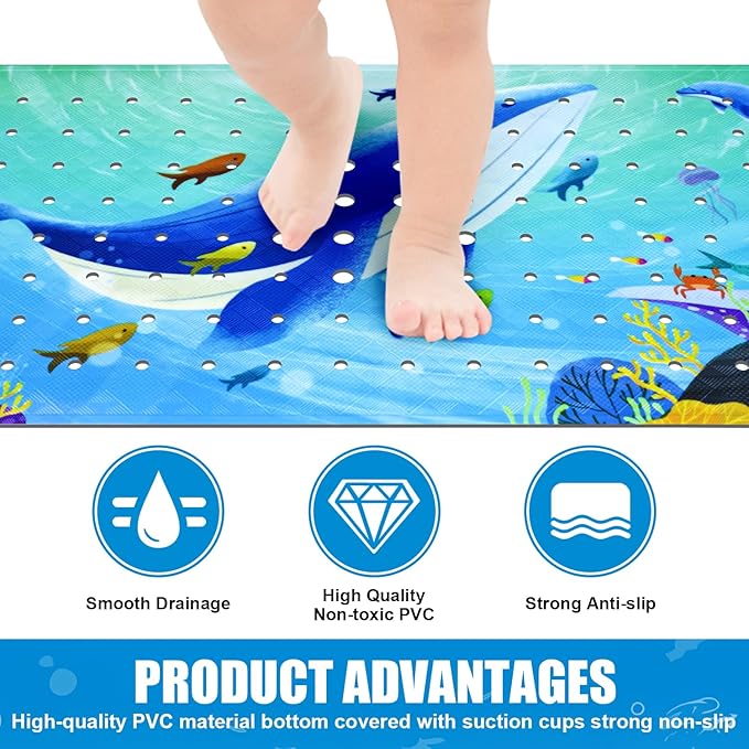 Vanleonet Baby Bath Mat for Tub for Kids, 40''x16'' Extra Long Bathtub Mat Non Slip, Toddler Bath Mat Non-Slip for Tub with Suction Cups & Drain Holes, Machine Washable,Whale
