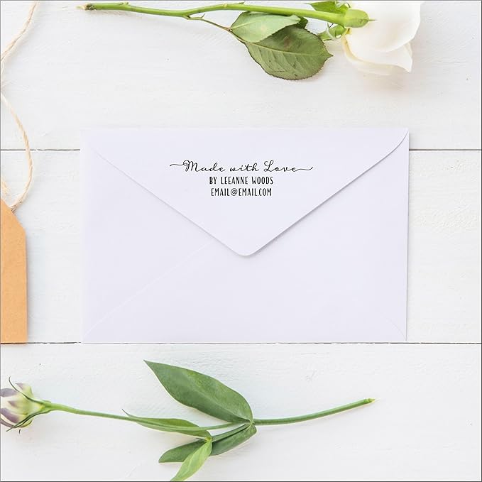 Return Address Stamp - Custom Personalized Self Inking Rubber Stamper, pre Inked with Black Ink - Delightful Calligraphy with Tails - for Wedding Invitation Envelope