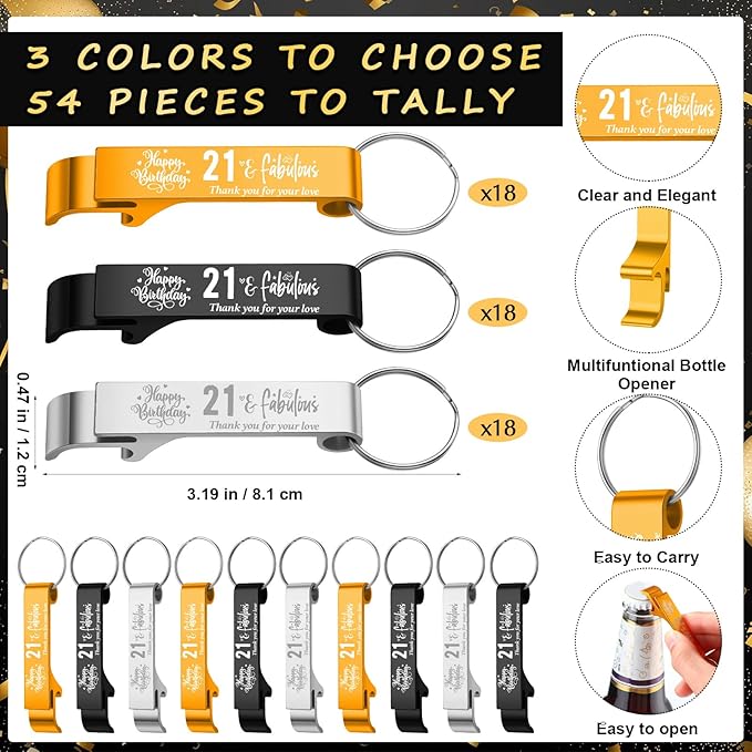 Dandat 54 Sets 21th Birthday Party Favors for Guests Birthday Beer Opener Keychain Cheers to 21 Bottle Opener Keychain with Thank You Cards and Gift Bags for Anniversary Wedding Party Favors