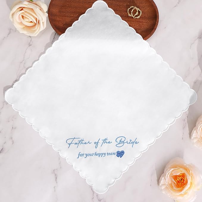 Wedding Handkerchief Something Blue for Bride, Mother Father of the Brides Groom Gifts, Embroidered Happy Tears Cotton Hanky