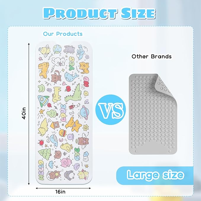 Baby Bath Mat for Tub Non Slip Kids Bathtub Mat Extra Long 40X16 Inch Toddler Bath Tub Shower Mat Anti Slip with Suction Cups & Drain Holes, Machine Washable (Cartoon)