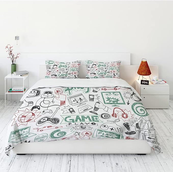 Game Comforter Sets for Boys Teen Twin Size,Kids Video Games Bedding Set Sketch Style Athletic Racing Game Design Bedroom Home Decor