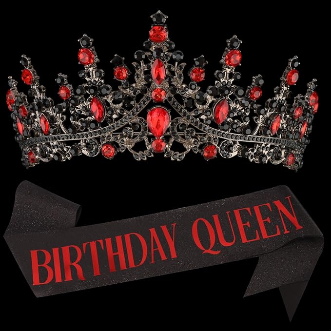 COCIDE Black Red Birthday Queen Sash for Women Happy Birthday Crowns Princess Tiaras Sashes for Girl Crystal Party Decorations Rhinestone Headband Supplies Decor