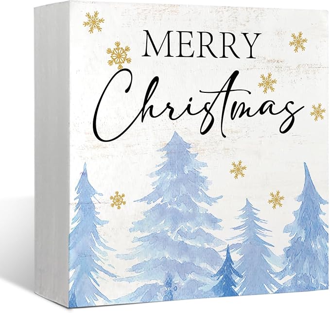 Mtrgdn Blue Christmas Decor Wooden Box Sign,Rustic Merry Christmas Sign for Bedroom Bathroom Home Office Desk Shelf Wall Decor,Blue Xmas Tree Decorations Gifts for Women Girls,5x5 Inch