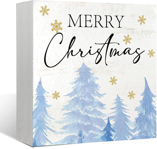 Mtrgdn Blue Christmas Decor Wooden Box Sign,Rustic Merry Christmas Sign for Bedroom Bathroom Home Office Desk Shelf Wall Decor,Blue Xmas Tree Decorations Gifts for Women Girls,5x5 Inch