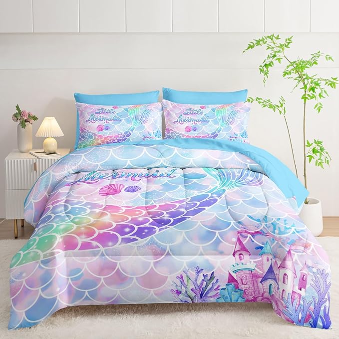 7Pcs Comforter Set Rainbow Mermaid Tail Printed Bedding Set with 1 Comforter, 1 Flat Sheet, 1 Fitted Sheet and 4 Pillowcases for Girls Bedroom All Season(Mermaid-3 Full)