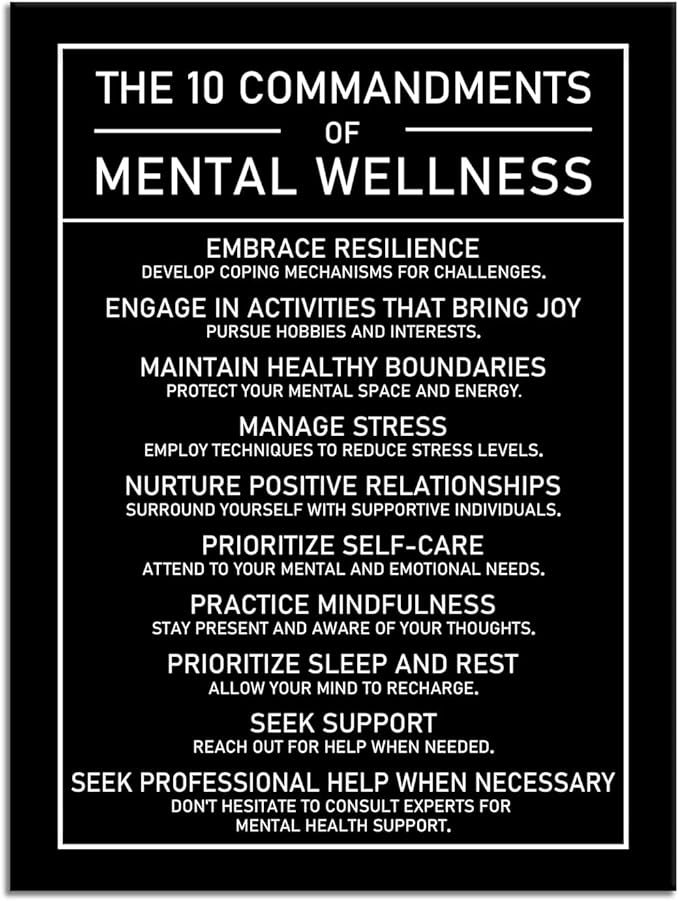 Motivational Canvas Wall Art The 10 Commandments Of Mental Wellness Inspirational Positive Growth Quote Poster Painting Prints for Office Living Room Home Decor Framed Artwork[30''W x 40''H]
